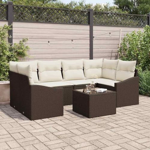 Garten-Sofa-Set, 7-teilig, Braun und Creme, Poly-Rattan mit Stahlrahmen, 55 x 55 x 37 cm, Modulares Outdoor Loungemöbel für Terrasse und Balkon von Teenpull