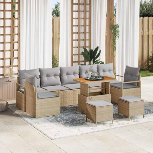 Garten-Sofa-Set 10-teilig, Beige/Hellgrau, Poly-Rattan & Akazie, 90x55x71cm, Outdoor Lounge Sitzgruppe mit Stauraumfunktion für Terrasse & Balkon von Teenpull