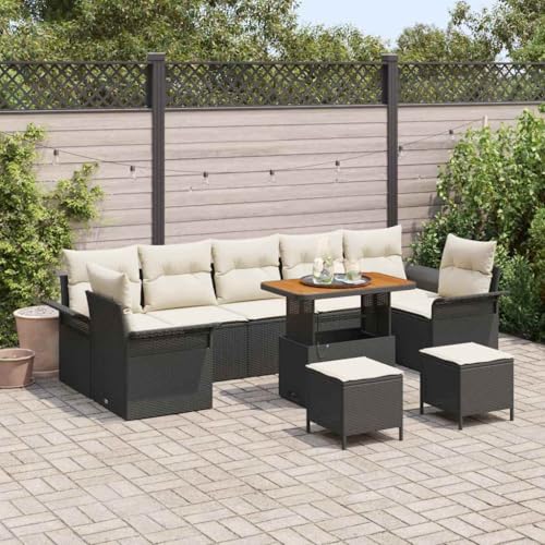 Garten-Sofa-Set 10-teilig, Schwarz-Creme Poly-Rattan mit Akazienholz, Modulares Outdoor Lounge Set für Terrasse & Balkon von Teenpull