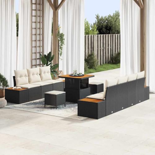 Garten-Sofa-Set 10-teilig, Schwarz und Creme, Poly-Rattan mit pulverbeschichtetem Stahlrahmen, modular für Terrasse, Balkon und Garten, inklusive Kissen, 80 x 80 x 71 cm, für 9 Personen von Teenpull