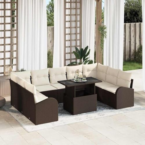 Garten-Sofa-Set 10-teilig aus Braunem Poly-Rattan, Creme-Kissen, 100x55x73 cm, Modulares Outdoor-Möbel für Terrasse & Balkon von Teenpull