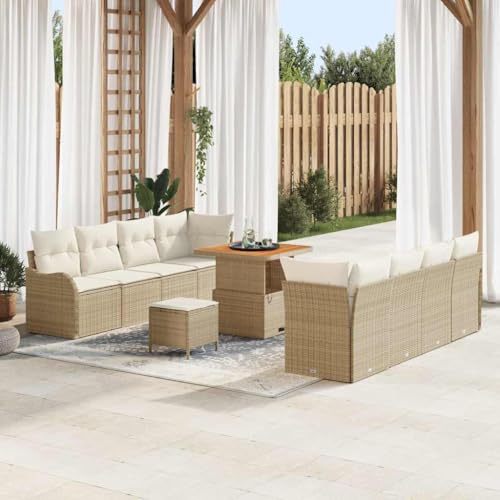 Garten-Sofa-Set 11-teilig, Beige Creme, UV-beständiges Poly-Rattan & Akazienholz, Modulares Outdoor-Design für Terrasse und Garten von Teenpull
