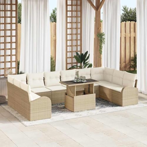 Garten-Sofa-Set 11-teilig, Beige und Creme, aus Poly-Rattan mit Glastisch, modulares Loungeset für Terrasse, Garten und Außenbereich, UV-beständig Garten-Sofa-Set 11-teilig, Beige und Creme, aus Poly-Rattan mit Glastisch, modulares Loungeset für Terrasse, Garten und Außenbereich, UV-beständig von Teenpull