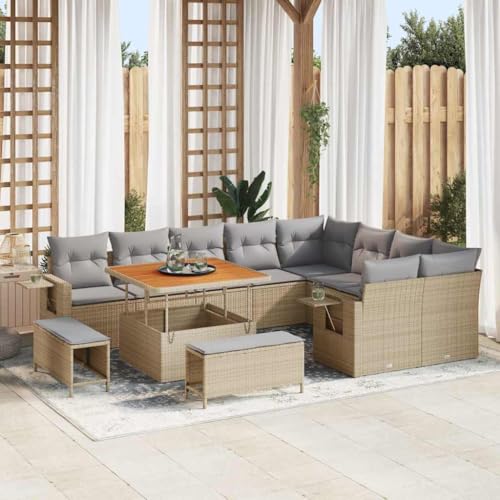 Garten-Sofa-Set 12-teilig, Beige und Hellgrau, wetterfestes Poly-Rattan mit Stahlrahmen, 100 x 100 x 71 cm, für Terrassen und Balkone, UV-beständig von Teenpull