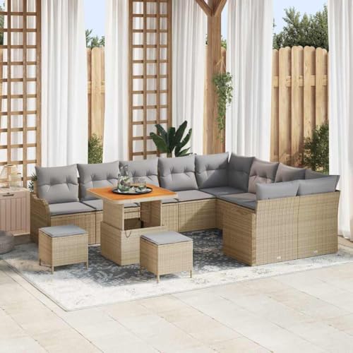 Garten-Sofa-Set 12-teilig, Poly-Rattan & Akazie, Beige-Hellgrau, 80x80x71cm, Modulares Outdoor Lounge Möbel mit Stauraum für Terrasse & Balkon von Teenpull
