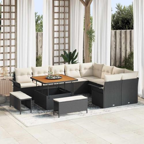 Garten Sofa Set 12-teilig, Schwarz Creme Akazie, 100x100x71 cm, Poly Rattan Stahl, Modulares Loungemöbel für Terrasse, Komfortable Sitzgruppe Außenbereich von Teenpull
