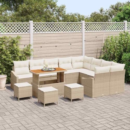 Garten-Sofa-Set 13-teilig, Beige/Creme, Poly-Rattan & Akazienholz, 110x55x71cm, Modulares Ecksofa für Terrasse & Außenbereich, mit Stauraumfunktion von Teenpull