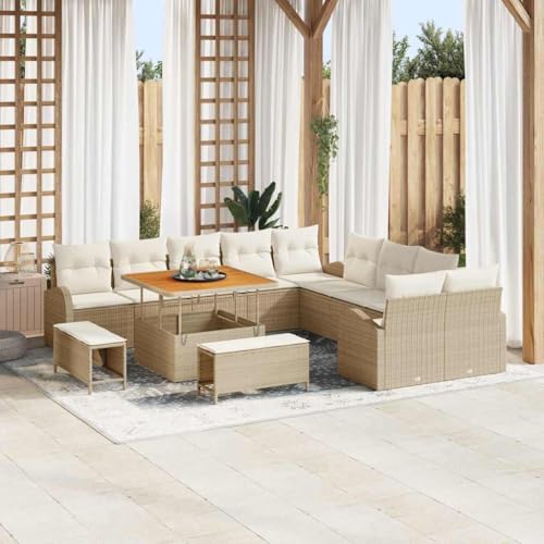 Garten-Sofa-Set 13-teilig, Beige und Creme, aus Poly Rattan und Akazienholz, 100 x 100 x 71 cm, modulares Outdoor Loungemöbel für Terrasse, mit Stauraumfunktion von Teenpull
