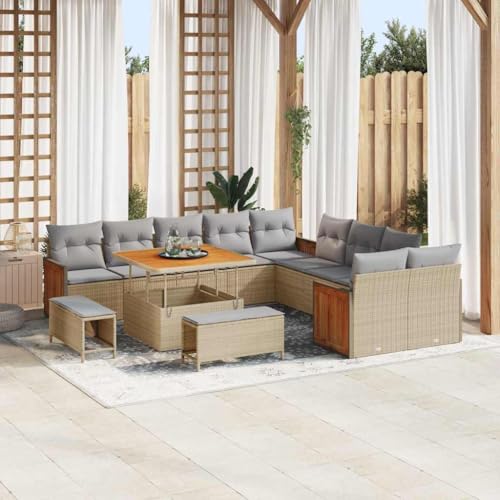 Garten-Sofa-Set 13-teilig, Beige und Hellgrau, 100 x 100 x 71 cm, UV-beständiges Poly-Rattan mit Akazienholz, für Terrasse, Garten und Außenbereich von Teenpull