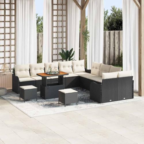 Garten-Sofa-Set 13-teilig, Schwarz und Creme, Poly-Rattan mit Stahlrahmen, 90x55x71 cm, für Terrasse, Außenbereich, Bequeme Sitzgelegenheiten von Teenpull