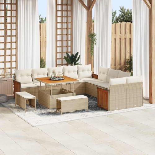 Garten-Sofa-Set 13-teilig Beige Creme Poly-Rattan Akazienholz, modernes Outdoor-Lounge-Möbel für Terrasse und Garten, 100 x 100 x 71 cm von Teenpull