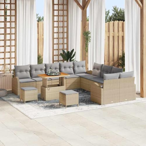 Garten-Sofa-Set 13-teilig Beige Hellgrau, modernes Poly Rattan Akazienholz Lounge-Möbel für Terrasse, bequemer Außenbereich mit Stauraum von Teenpull