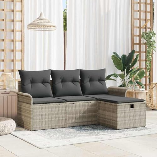 Garten-Sofa-Set 4-teilig, Hellgrau Poly Rattan, 196 x 117 x 85 cm, modular für Terrasse, Outdoor Lounge, komfortable Sitzgelegenheiten mit Stauraum von Teenpull