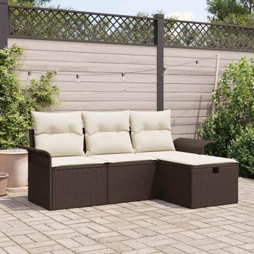 Garten-Sofa-Set 4-teilig, Poly-Rattan Braun-Creme, 196x117x85 cm, Modulare Outdoor-Sitzgruppe mit Stauraum, Wetterfest für Terrasse & Garten von Teenpull