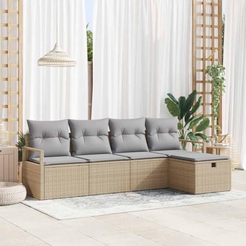 Garten-Sofa-Set 5-teilig, Beige/Hellgrau, Poly-Rattan, 230x117x85cm, Outdoor-Möbel für Terrasse & Garten, mit Stauraum, UV-beständig von Teenpull