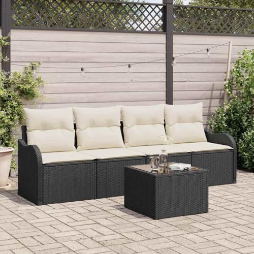 Garten-Sofa-Set 5-teilig, Schwarz-Creme, Poly-Rattan & Stahl, 55x55x37cm, modulare Outdoor-Sitzgruppe für Terrasse & Balkon von Teenpull