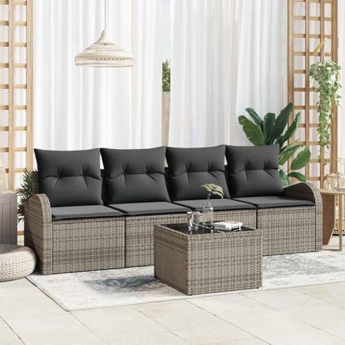 Garten-Sofa-Set 5-teilig Grau, modernes Poly Rattan Loungemöbel für Terrasse & Balkon, UV-beständig, 55x55x37cm, Bequeme Outdoor-Sitzgruppe von Teenpull