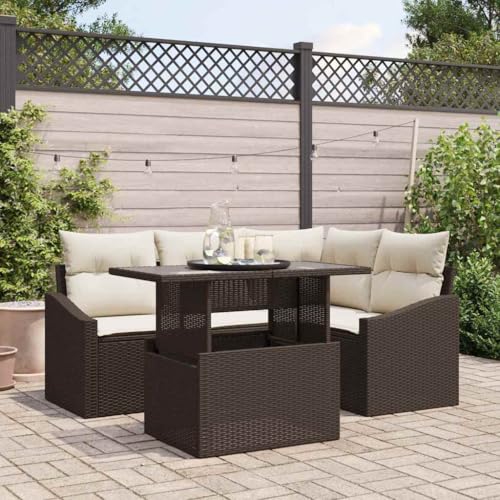 Garten-Sofa-Set 5-teilig aus robustem Poly-Rattan, Braun und Creme, 100 x 55 x 73 cm, wetterfest, für Terrasse & Balkon von Teenpull