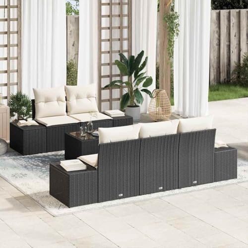 Garten-Sofa-Set 6-teilig, Schwarz-Creme Poly-Rattan & Stahl, 55x55x37 cm, Modulares Outdoor Lounge-Möbel für Terrasse & Garten von Teenpull