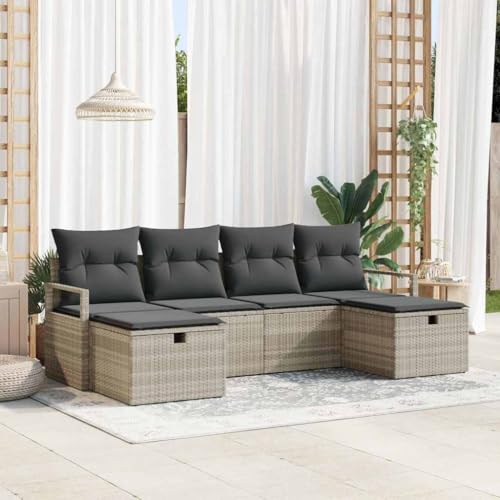 Garten-Sofa-Set 6-teilig, hellgrau, wetterfestes Poly Rattan, 230x117x85 cm, mit Stauraum, für Terrasse, Balkon & Garten, modulares Design für Flexible Anordnung von Teenpull