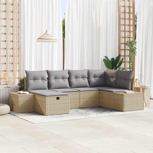 Garten-Sofa-Set 6-teilig Beige Poly Rattan, 55 x 62 x 69 cm Outdoor Lounge Garnitur mit Stauraumfunktion für Terrasse, Balkon und Garten von Teenpull