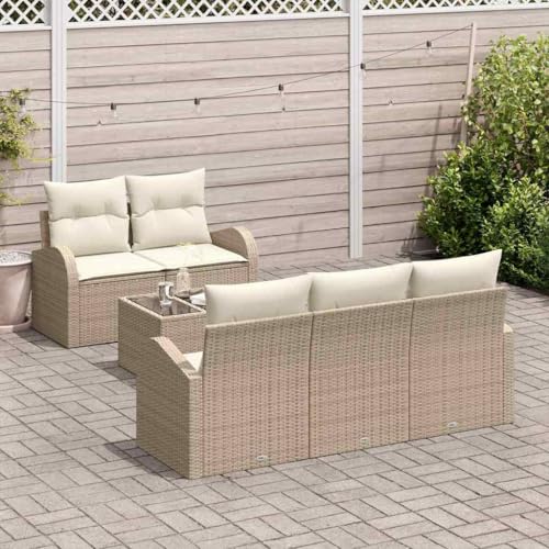 Garten-Sofa-Set 6-teilig aus Polyrattan, UV-beständig, Beige & Creme, modular für Terrasse, Balkon & Garten, mit Kissen & Glastisch, 55x55x37cm, komfortable Outdoor-Lounge-Möbel Garten-Sofa-Set 6-teilig aus Polyrattan, UV-beständig, Beige & Creme, modular für Terrasse, Balkon & Garten, mit Kissen & Glastisch, 55x55x37cm, komfortable Outdoor-Lounge-Möbel von Teenpull
