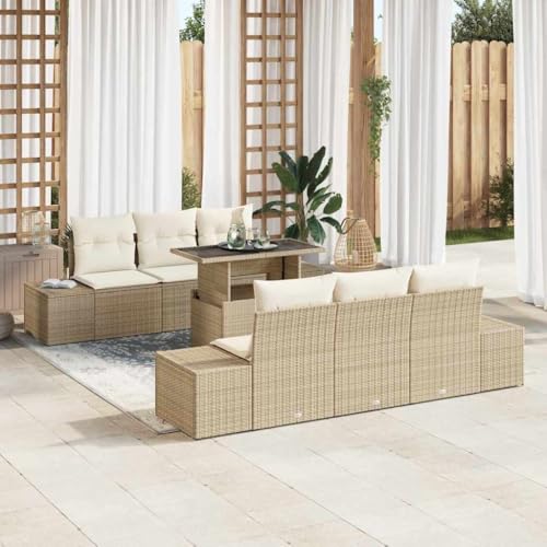 Garten-Sofa-Set 7-teilig, Beige/Creme, Poly-Rattan, 100x55x73 cm, modular, für Terrasse & Garten, Bequeme Outdoor-Sitzgruppe von Teenpull
