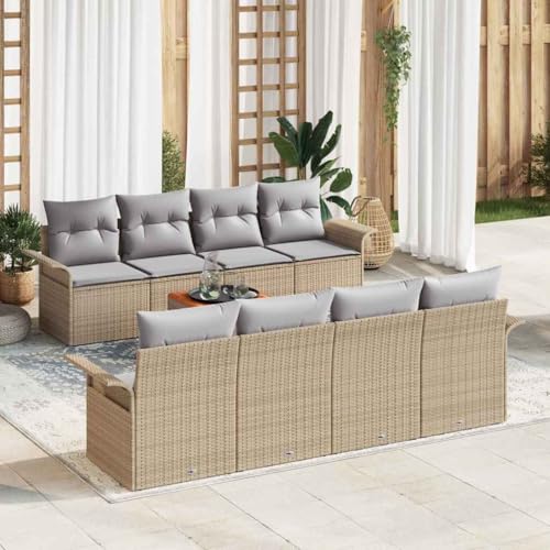 Garten-Sofa-Set 7-teilig, Beige und Hellgrau, UV-beständiges Poly Rattan, Akazienholz, Modulares Outdoor Lounge Set für Terrasse und Garten von Teenpull
