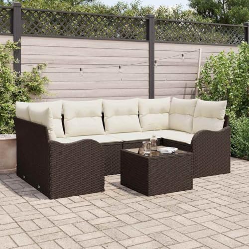 Garten-Sofa-Set 7-teilig, Braun Poly Rattan, Modulares Outdoor Loungesofa mit Glastisch, UV-beständig, für Terrasse und Balkon von Teenpull