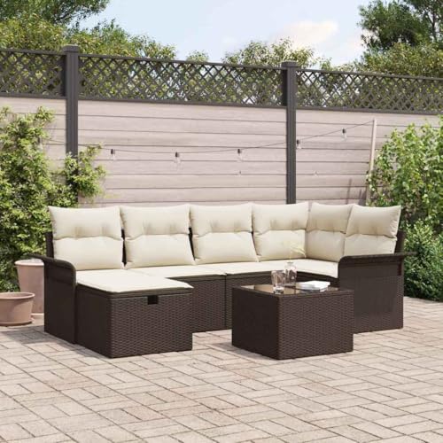Garten-Sofa-Set 7-teilig, Braun und Creme, 242,5 x 132,5 x 85 cm, Poly-Rattan, Modular, UV-beständig, für Terrasse und Balkon von Teenpull
