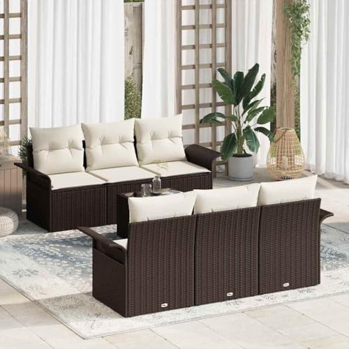 Garten-Sofa-Set 7-teilig, Braun & Creme, Poly-Rattan Outdoor Lounge Möbel mit Stauraum, Ecksofa für Terrasse & Balkon von Teenpull