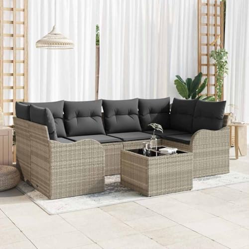 Garten-Sofa-Set 7-teilig, Hellgrau Poly Rattan, Modulares Outdoor Loungemöbel mit Glastisch für Terrasse & Garten, UV-beständig von Teenpull