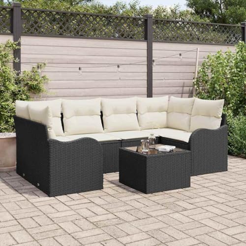 Garten-Sofa-Set 7-teilig, Schwarz, Poly Rattan, modular, mit Glastisch, für Terrasse, Außenbereich, 55 x 55 x 37 cm Garten-Sofa-Set 7-teilig, Schwarz, Poly Rattan, modular, mit Glastisch, für Terrasse, Außenbereich, 55 x 55 x 37 cm von Teenpull