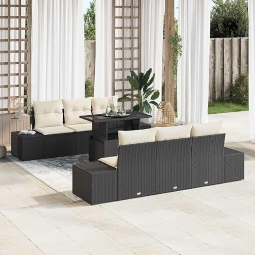 Garten-Sofa-Set 7-teilig, Schwarz-Creme, Poly-Rattan & Stahl, 100x55x73cm, Modular Outdoor Patio Lounge Möbel für Terrasse & Garten von Teenpull