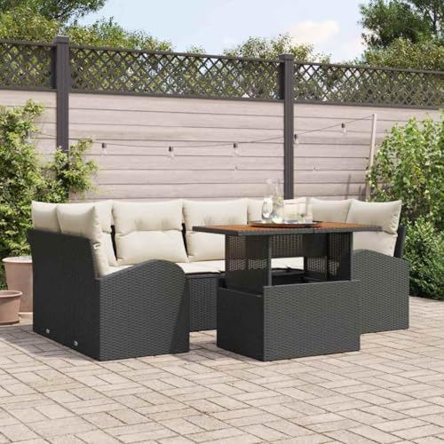 Garten-Sofa-Set 7-teilig, Schwarz-Creme Poly-Rattan Akazienholz, Outdoor Lounge Sitzgruppe mit Stauraum für Terrasse & Garten von Teenpull