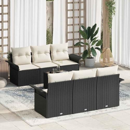 Garten-Sofa-Set 7-teilig, Schwarz und Creme, Poly-Rattan mit Stahlrahmen, 55x55x37cm, Modulares Outdoor-Möbel für Terrasse und Balkon, Bequeme Lounge-Sitzgruppe von Teenpull