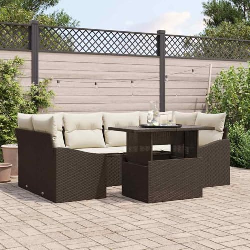 Garten-Sofa-Set 7-teilig, braun-Creme, Poly-Rattan, pulverbeschichtet, 100 x 55 x 73 cm, für Terrasse, Außenbereich von Teenpull