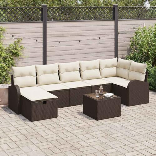 Garten-Sofa-Set 8-TLG. aus Poly-Rattan in Braun und Creme, 289x124x85 cm, Modular für Terrasse & Balkon, Inkl. Stauraum & Kissen von Teenpull