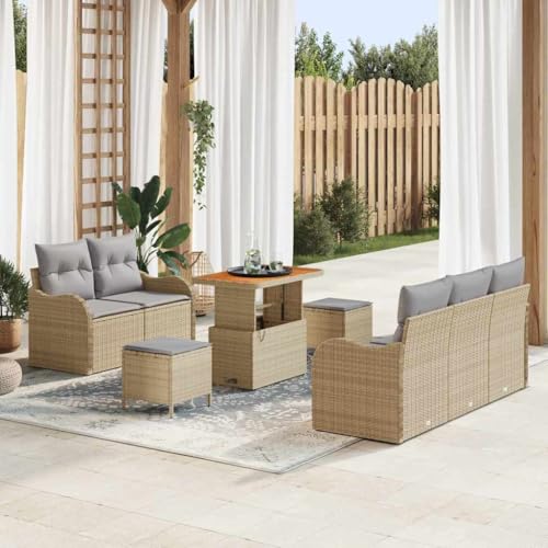 Garten-Sofa-Set 8-teilig, Beige und Hellgrau, modernes Outdoor-Lounge-Möbel aus Polyrattan, Stahl & Akazie, Bequeme Sitzgruppe mit Stauraum für Terrasse und Garten von Teenpull