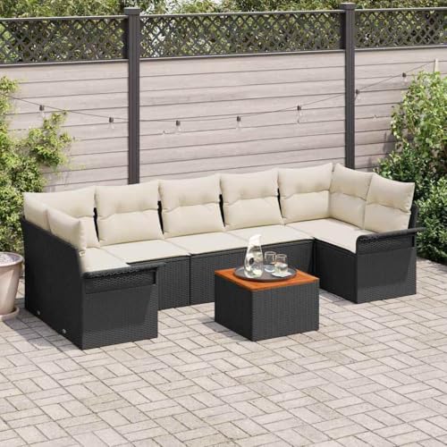 Garten-Sofa-Set 8-teilig, Schwarz-Creme Poly-Rattan mit Akazienholz, Modulares Outdoor Lounge Set für Terrasse & Balkon, UV-beständig, Integrierter Stauraum, 7 Sitzplätze von Teenpull