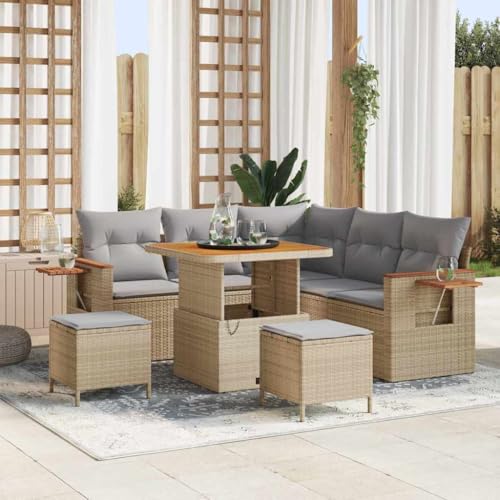 Garten-Sofa-Set 8-teilig Beige Hellgrau, Outdoor Poly-Rattan Akazienholz, Ecksofa mit Stauraum für Terrasse Balkon von Teenpull