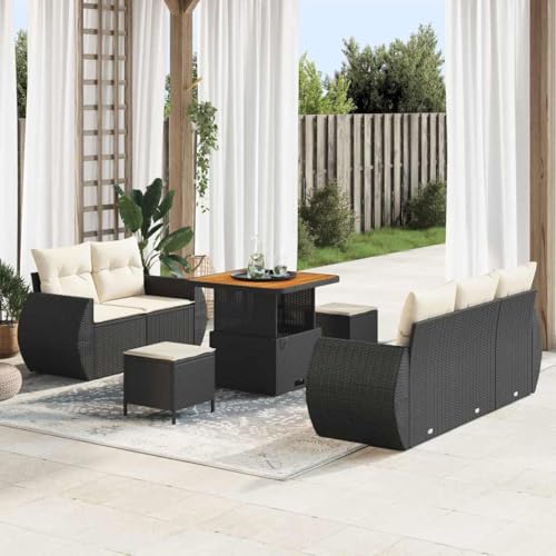 Garten-Sofa-Set 8-teilig Schwarz Creme, Poly-Rattan mit Stahlrahmen, 80x80x71cm für Terrasse Balkon, Modulares Outdoor Loungemöbel mit Stauraum und Kissen von Teenpull