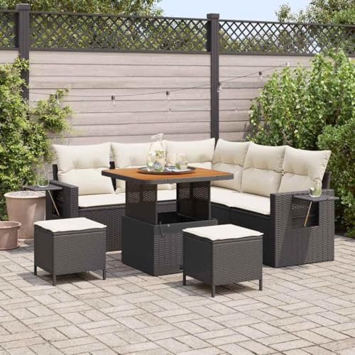 Garten-Sofa-Set 8-teilig Schwarz Creme Poly-Rattan für Terrasse Outdoor Lounge, wetterfest mit Stauraumfunktion und Kissen, 80 x 80 x 71 cm von Teenpull