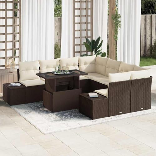 Garten-Sofa-Set 9-TLG. aus Poly-Rattan, Braun, Creme, 100x55x73 cm, modular, mit Stauraum, wasserabweisend, für Terrasse & Balkon von Teenpull