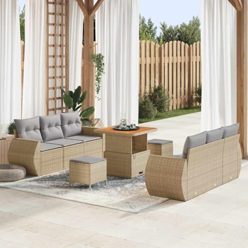 Garten-Sofa-Set 9-teilig, Beige Hellgrau, UV-beständiges Poly-Rattan Akazienholz, Modulares Outdoor Lounge Ecksofa mit Stauraum für Terrasse Balkon, Komfortable Sitzgruppe von Teenpull