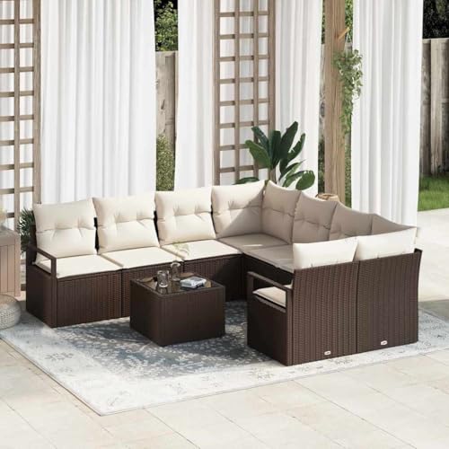 Garten-Sofa-Set 9-teilig, Braun-Creme, Poly Rattan, pulverbeschichteter Stahlrahmen, 55 x 55 x 37 cm, UV-beständig, modular für Terrasse & Outdoor von Teenpull