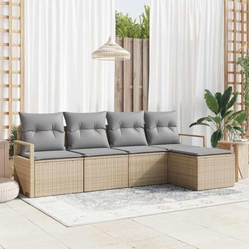 Garten-Sofa-Set Poly-Rattan, 5-teilig, Beige/Hellgrau, modular, mit Kissen, Stauraumfächern, für Terrasse und Balkon von Teenpull