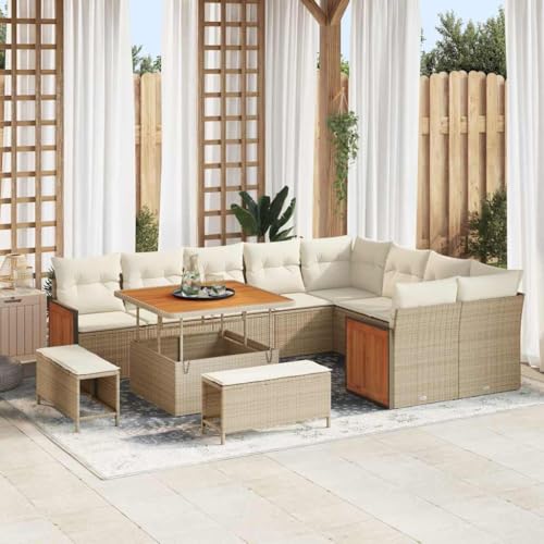 Garten-Sofa-Set Poly-Rattan Akazienholz, 12-teilig Beige Creme, 100x100x71cm, modernes Loungemöbel Outdoor Patio für Terrasse & Garten von Teenpull