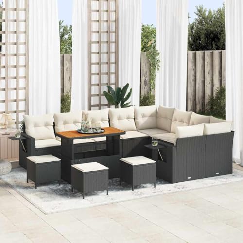 Garten-Sofa-Set Poly-Rattan Schwarz und Creme 13-teilig, UV-beständig, wetterfester Stahlrahmen, 110x55x71 cm für Terrasse und Außenbereich von Teenpull