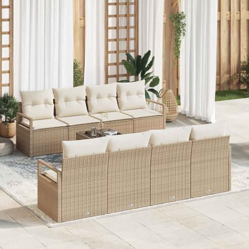 Garten-Sofa-Set aus Poly-Rattan, 7-teilig, Beige und Creme, mit Sicherheitsglas-Tisch für Terrasse, Balkon und Garten, Bequeme Outdoor-Sitzgruppe von Teenpull